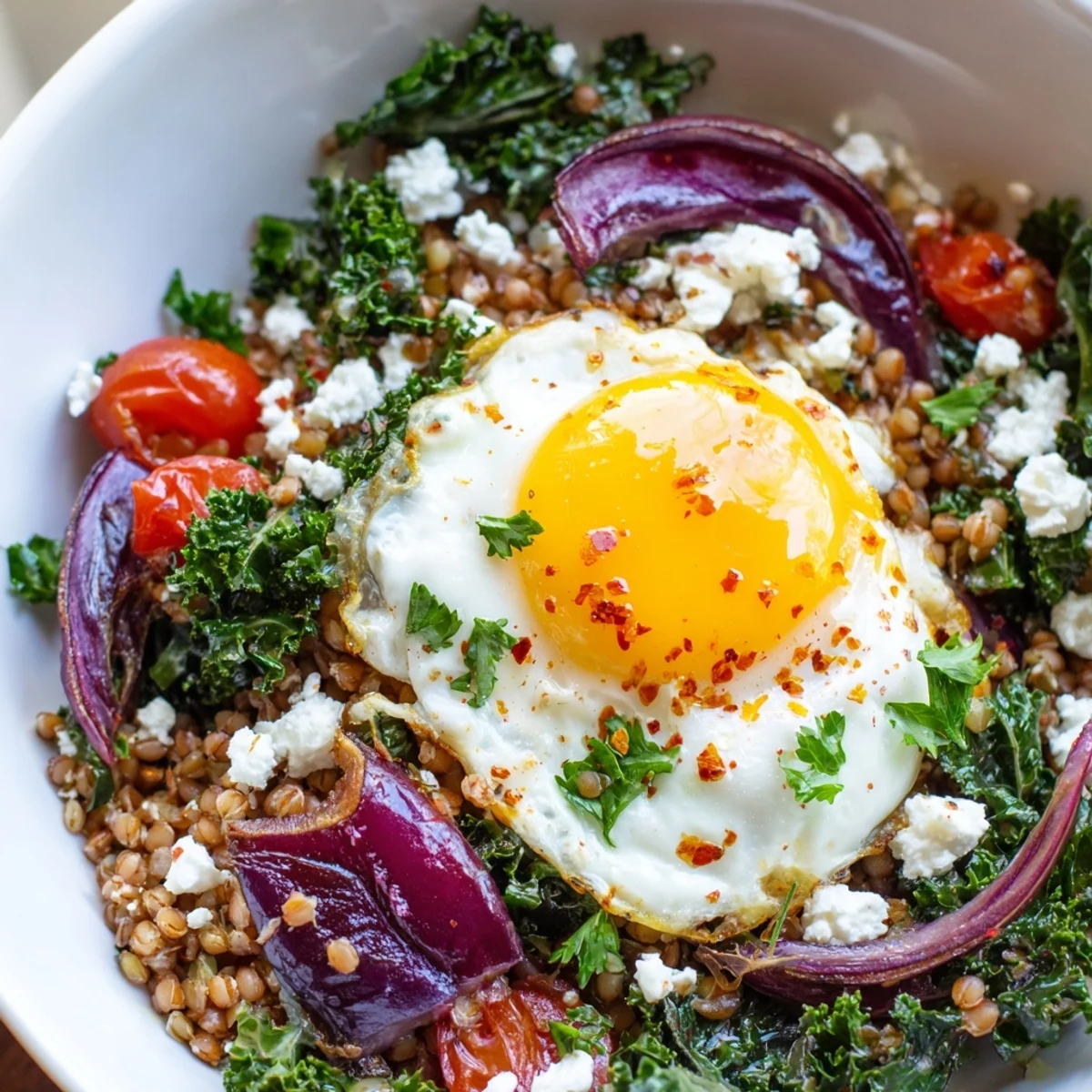 Steaming savory tomato and kale buckwheat breakfast bowl served in a rustic ceramic dish with runny egg