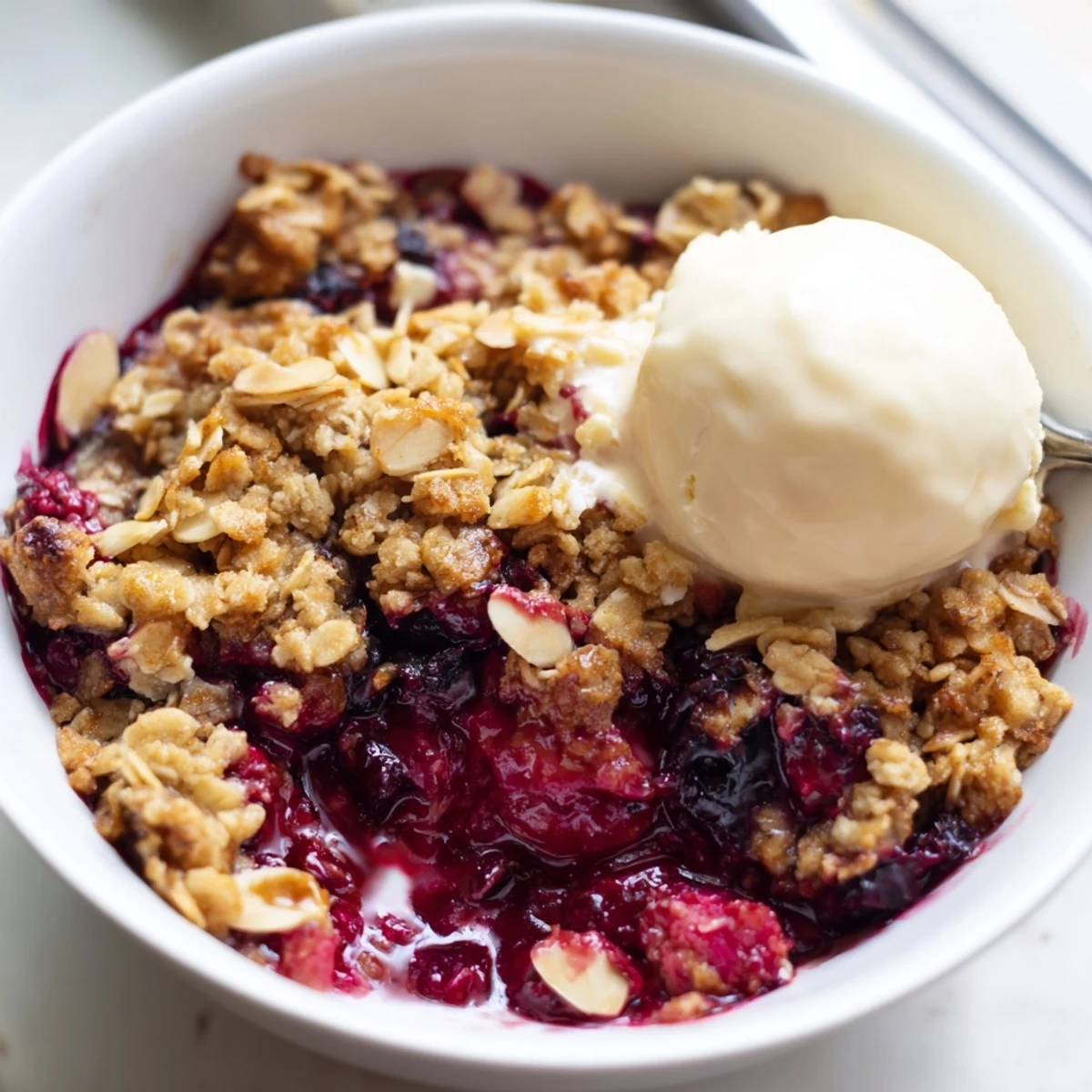 Golden vanilla berry almond crumble fresh from oven with bubbling berry filling