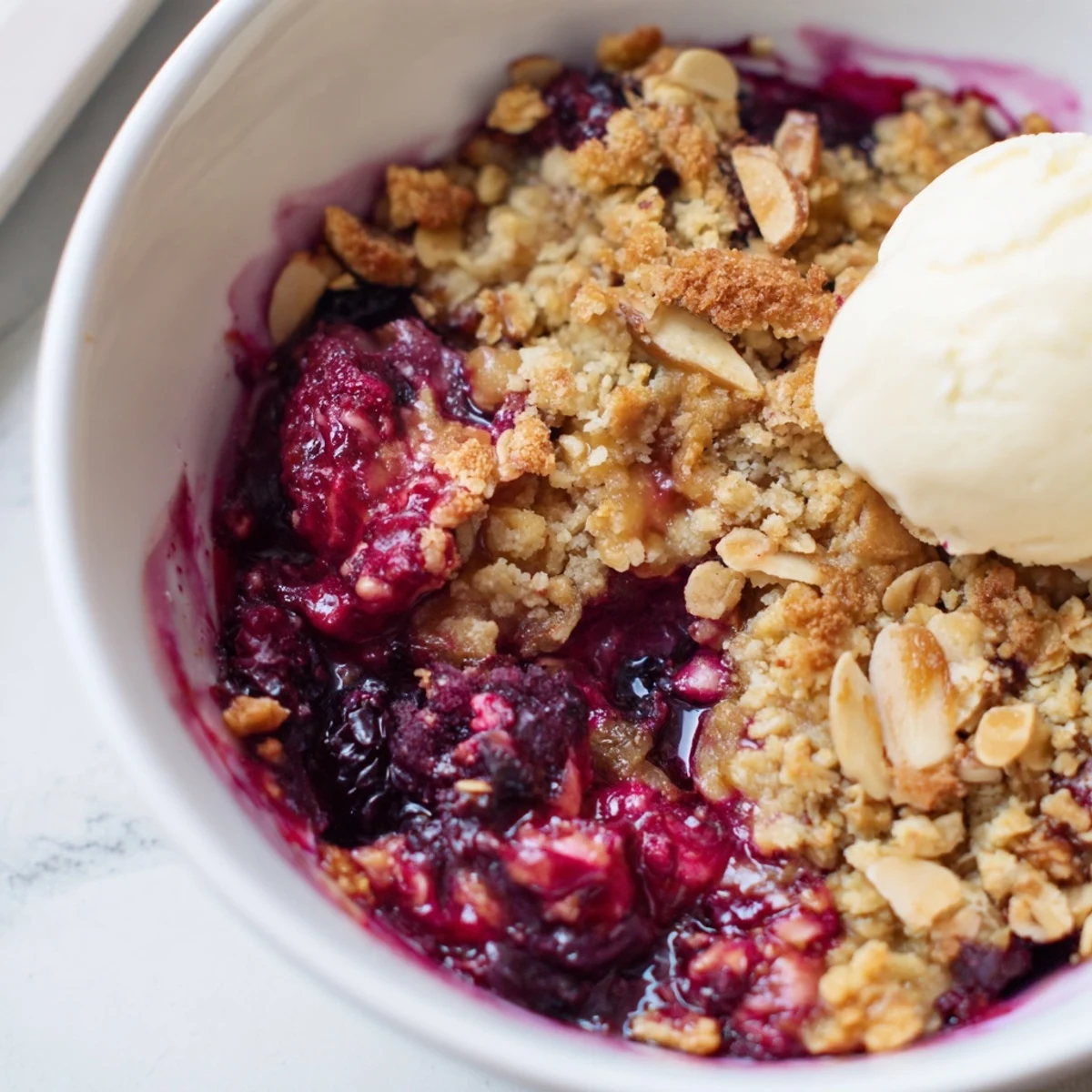 Juicy mixed berries bubble beneath a crispy vanilla berry almond crumble topping served warm