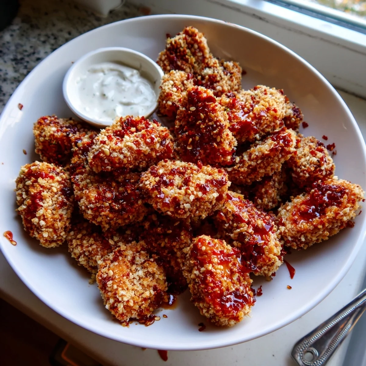 Golden crispy chili garlic chickpea nuggets coated in spicy sauce on a rustic baking sheet