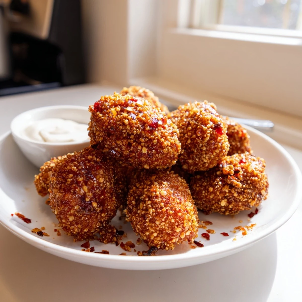 Close-up of crispy chili garlic chickpea nuggets drizzled with sticky glaze beside a dipping bowl