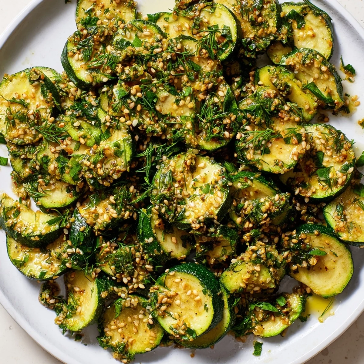 Golden roasted zucchini slices crowned with a fragrant sesame herb crunch topping.