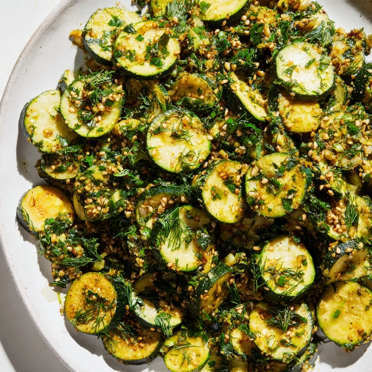 Tender caramelized zucchini rounds drizzled with a bright, nutty sesame-herb crunch.