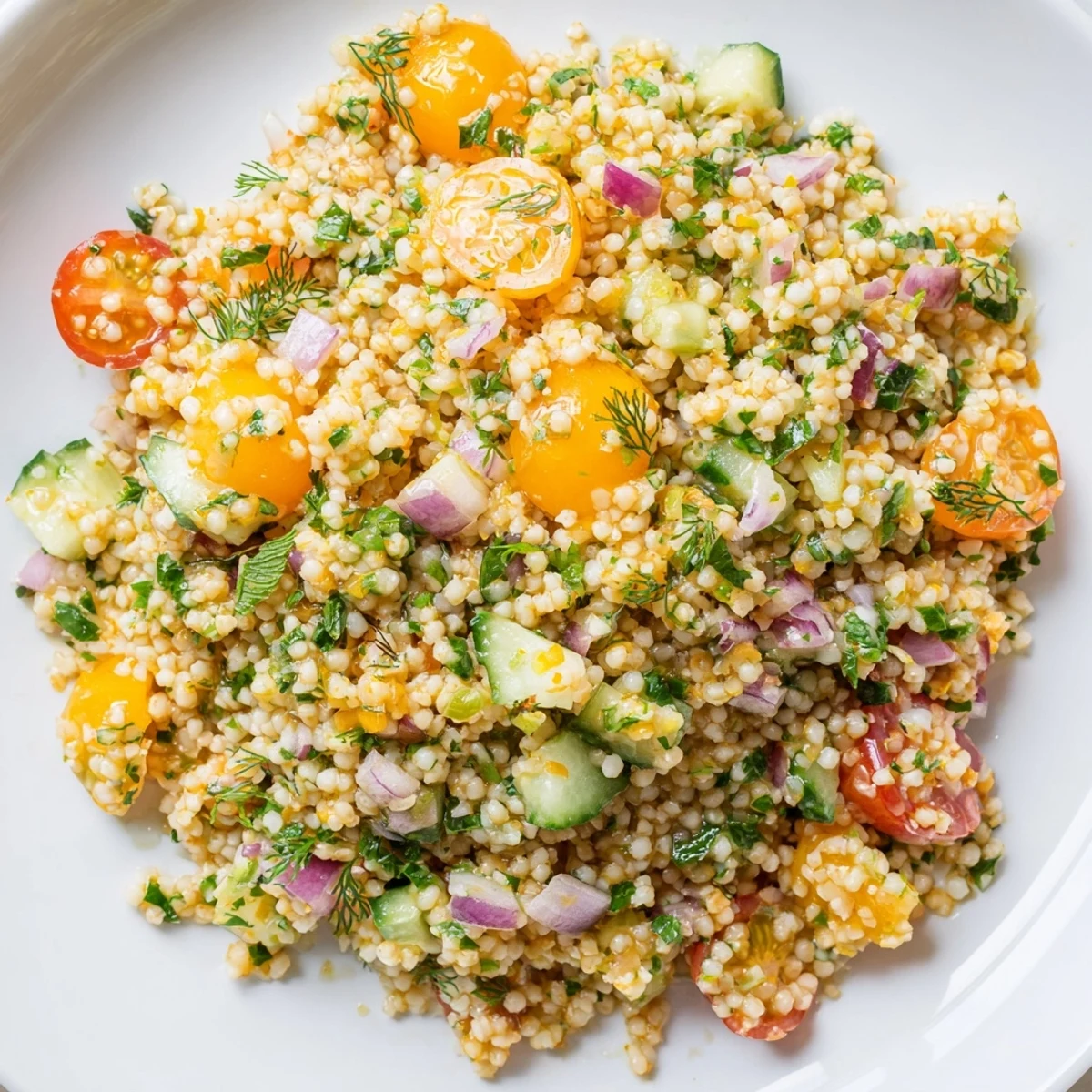 Bright citrus herb millet and cucumber salad in a rustic white serving bowl