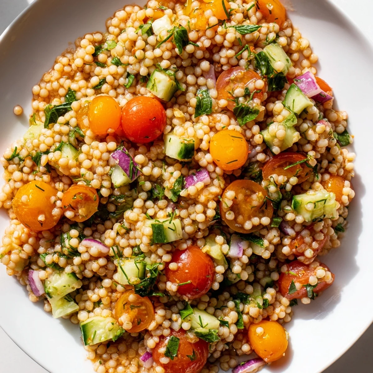 Citrus herb millet and cucumber salad garnished with fresh mint and lemon wedges