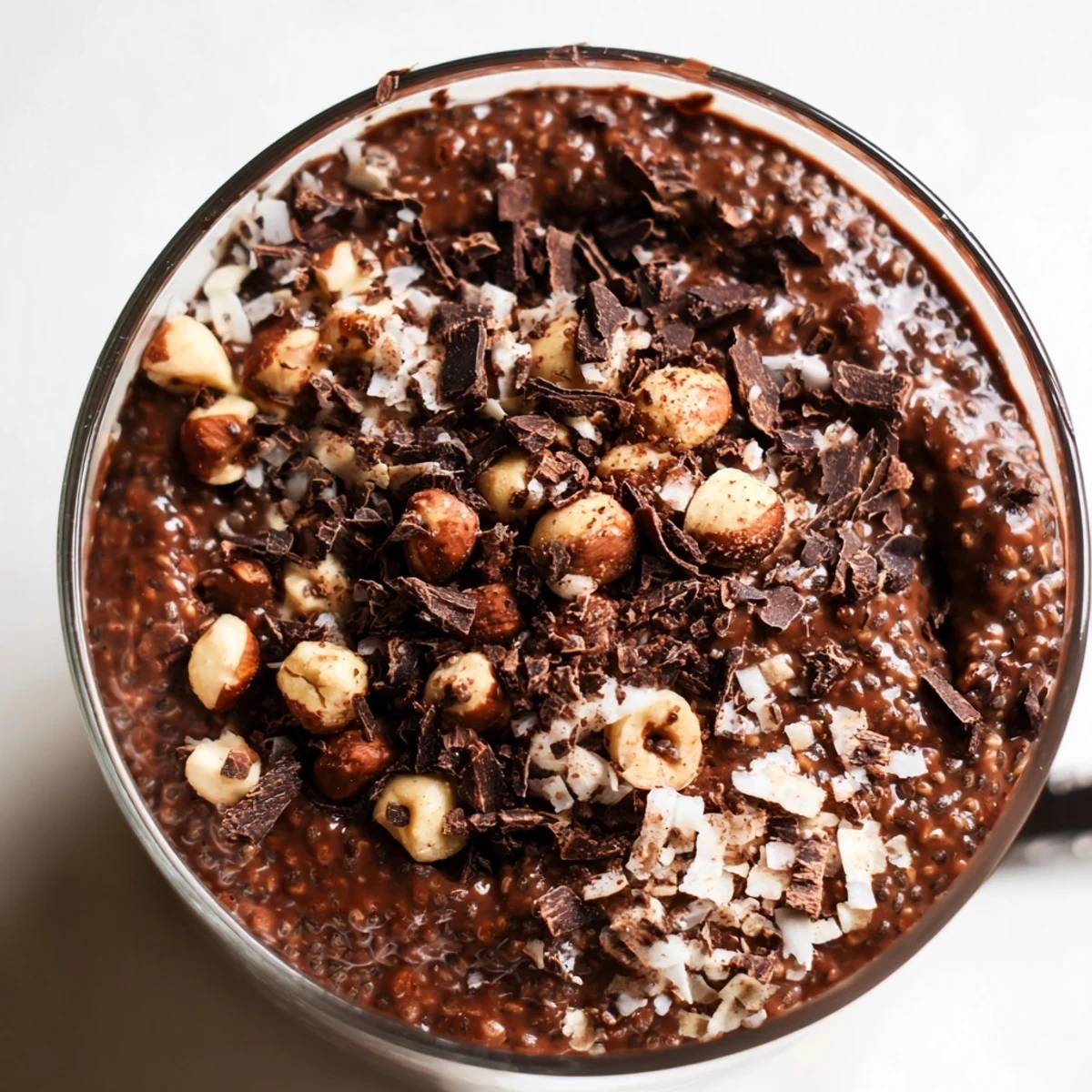 Creamy cocoa hazelnut coconut chia pudding topped with chocolate shavings and toasted nuts