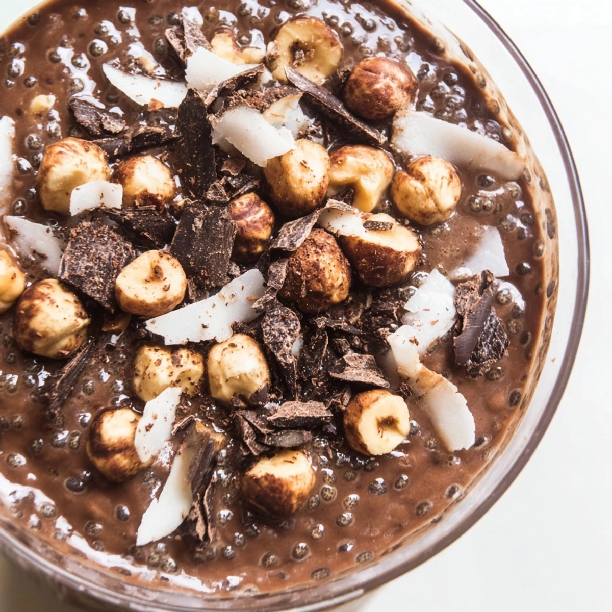 Rich chocolate chia cream dessert layered with toasted hazelnuts and coconut flakes in glass jars