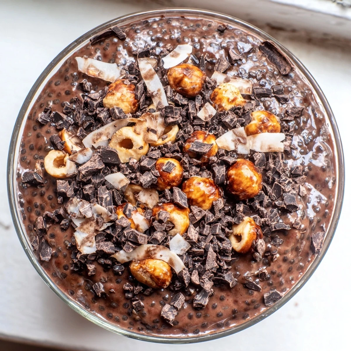 Velvety cocoa hazelnut coconut chia cream served chilled in dessert cups with crunchy garnish
