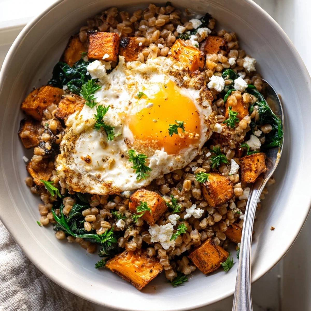 Golden sweet potato and spinach farro breakfast bowl topped with a fried egg.
