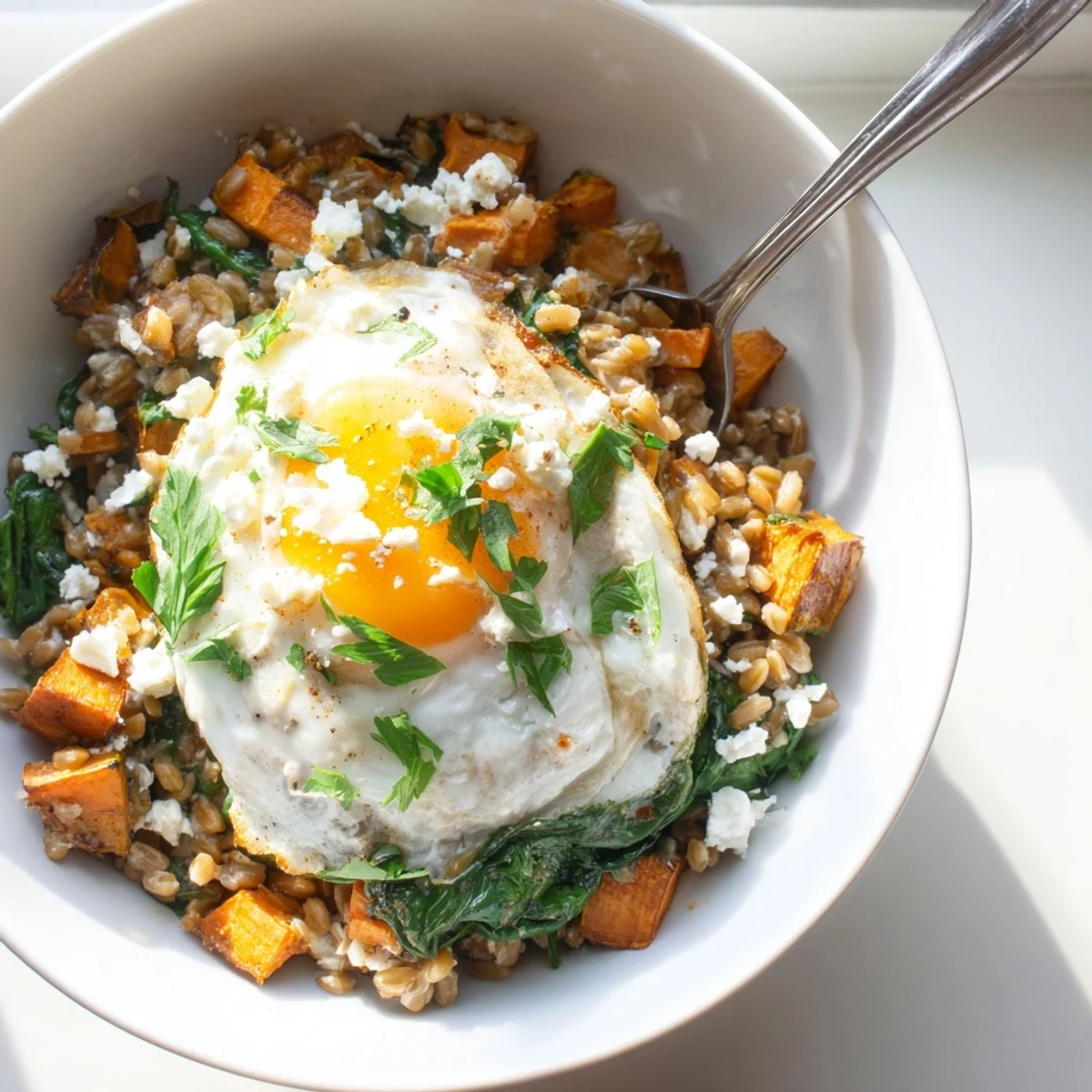 Savory farro breakfast bowl featuring roasted sweet potatoes and wilted spinach with herbs.