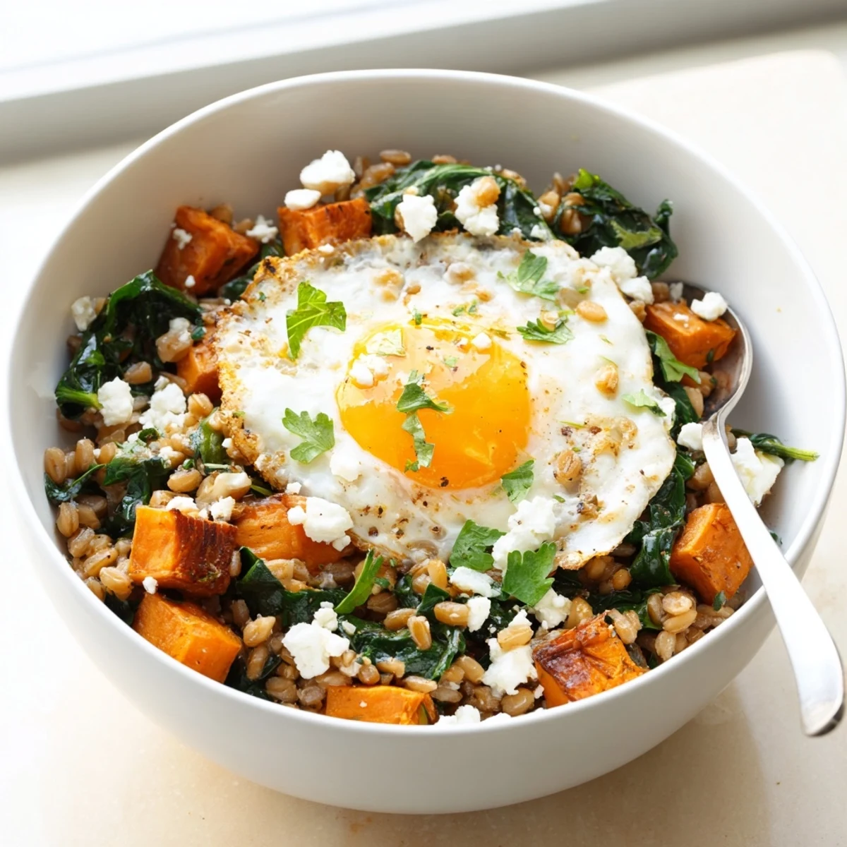 Hearty sweet potato spinach farro bowl with a runny egg and feta cheese.