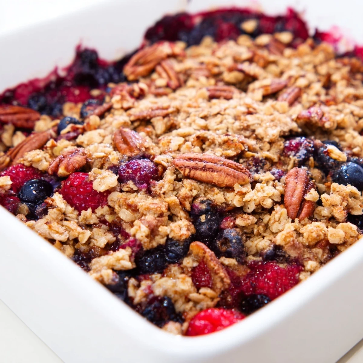 Golden vanilla maple berry crisp bubbling with sweet juicy fruit and oats