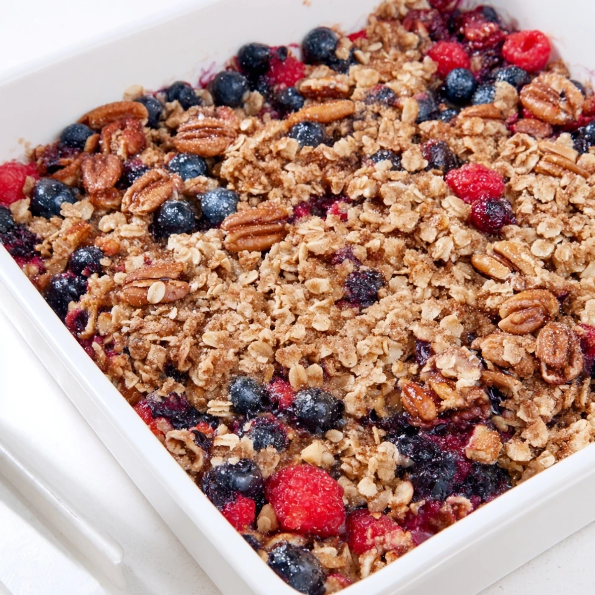 Baked vanilla maple berry crisp served in a white dish with a golden oat crumble