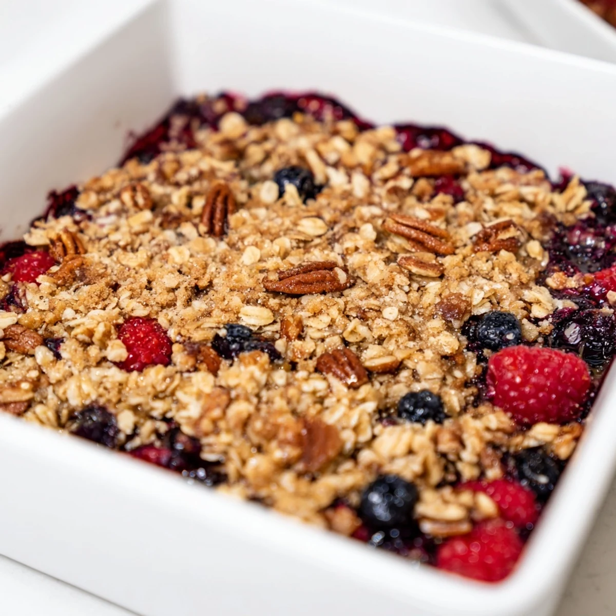Warm dessert bowl of vanilla maple berry crisp topped with melting vanilla ice cream