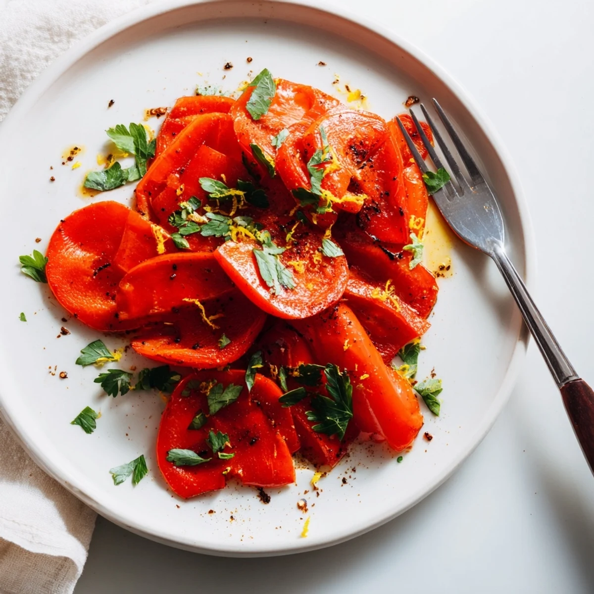 Golden roasted pepper coins arranged on a parchment-lined baking sheet, dusted with smoky paprika and fresh parsley garnish.
