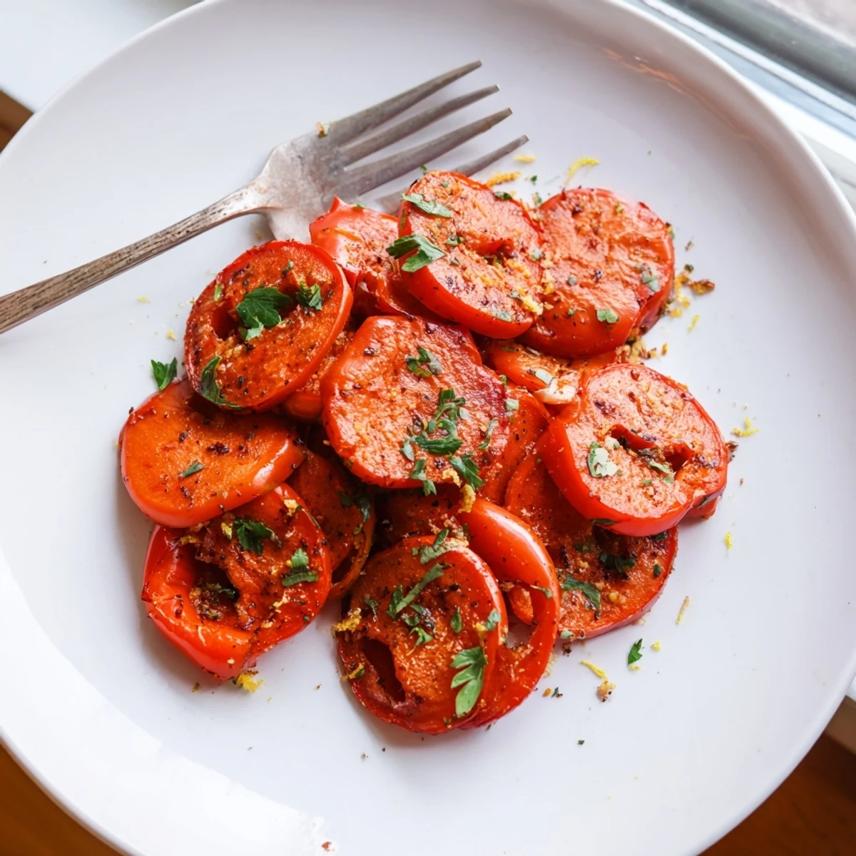 Close-up of colorful Mediterranean pepper coins, glazed with olive oil and seasoning, ready for a healthy appetizer.