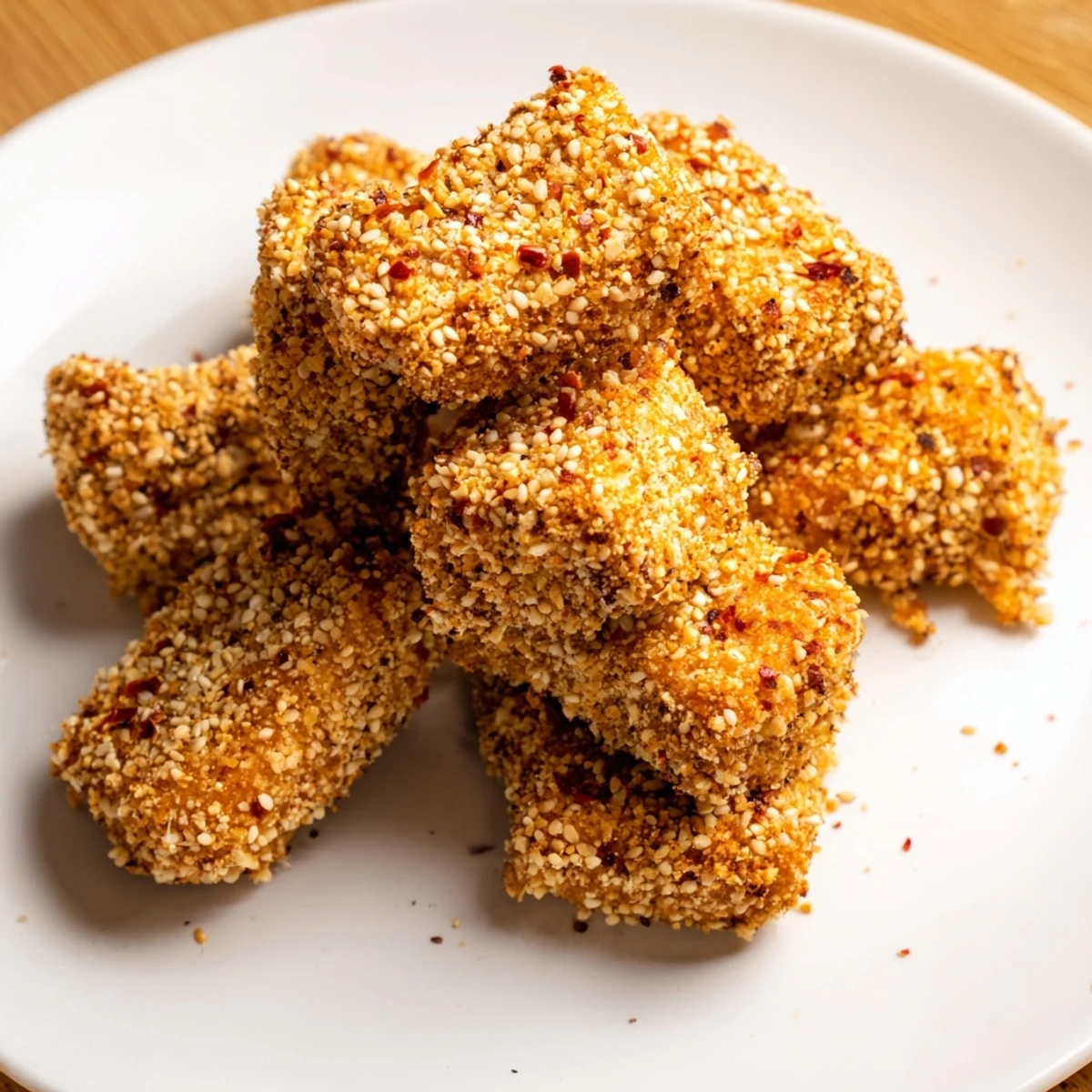 Golden crispy chili sesame tempeh nuggets piled on a white plate with dipping sauce