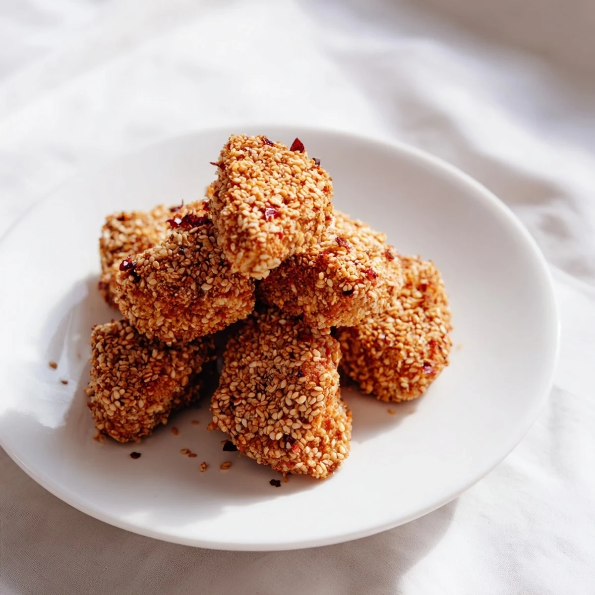 Close-up of spicy baked tempeh bites coated in crunchy sesame panko crust