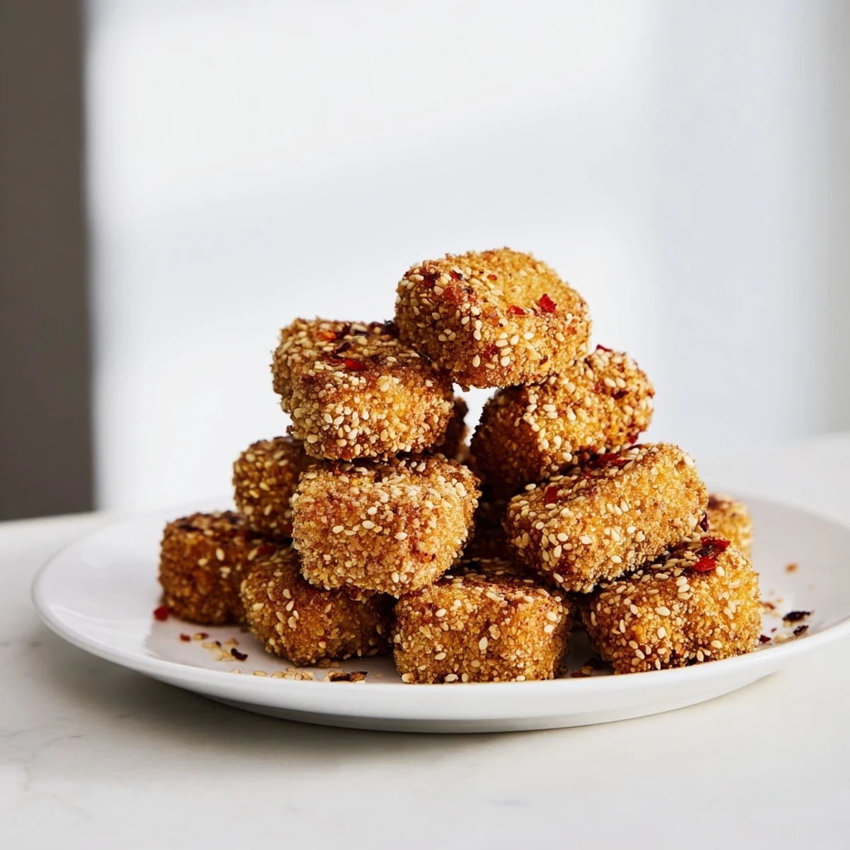 Sizzling fried tempeh nuggets with red chili flakes served for a protein-packed appetizer