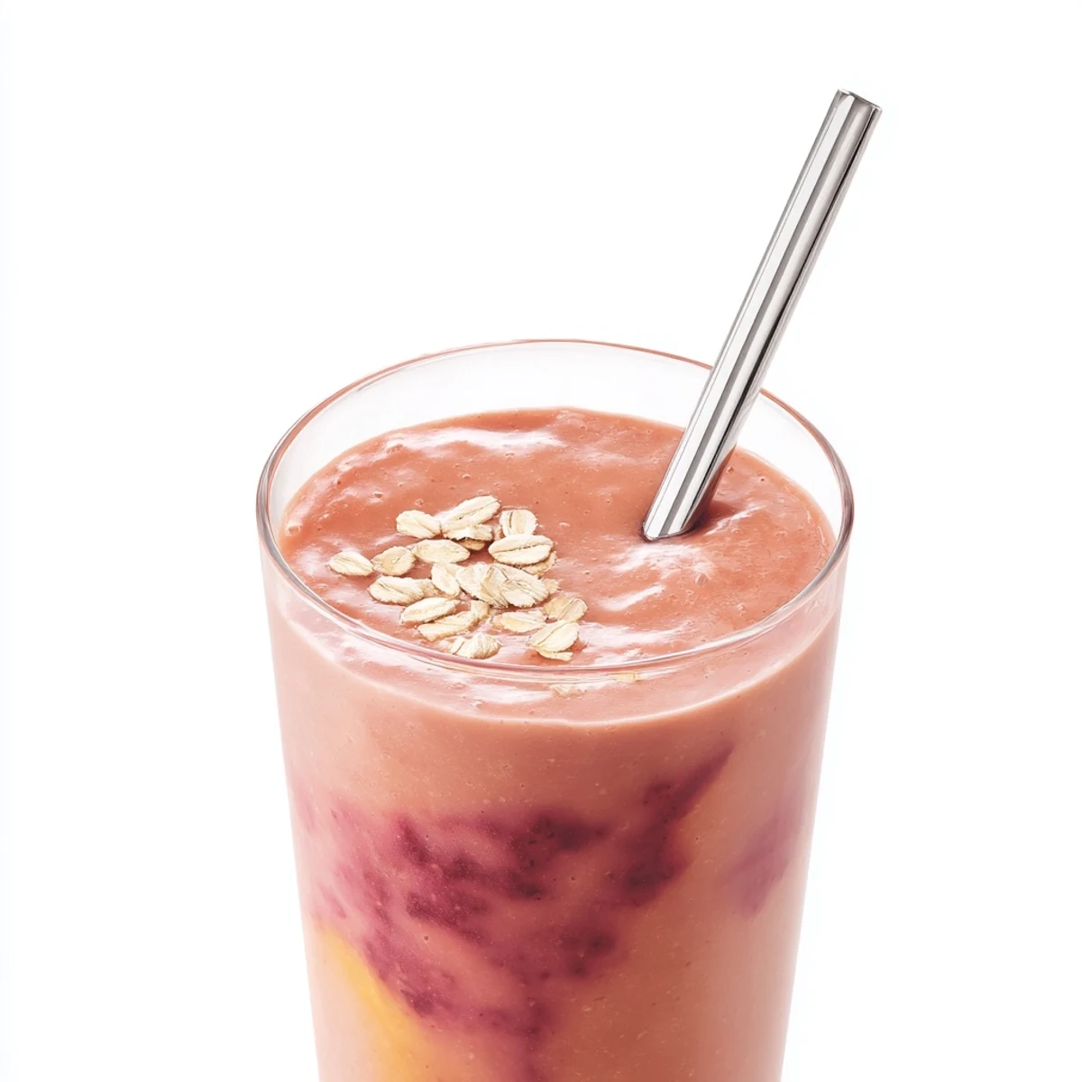 Thick creamy peach raspberry oat smoothie poured into a glass topped with fresh raspberries