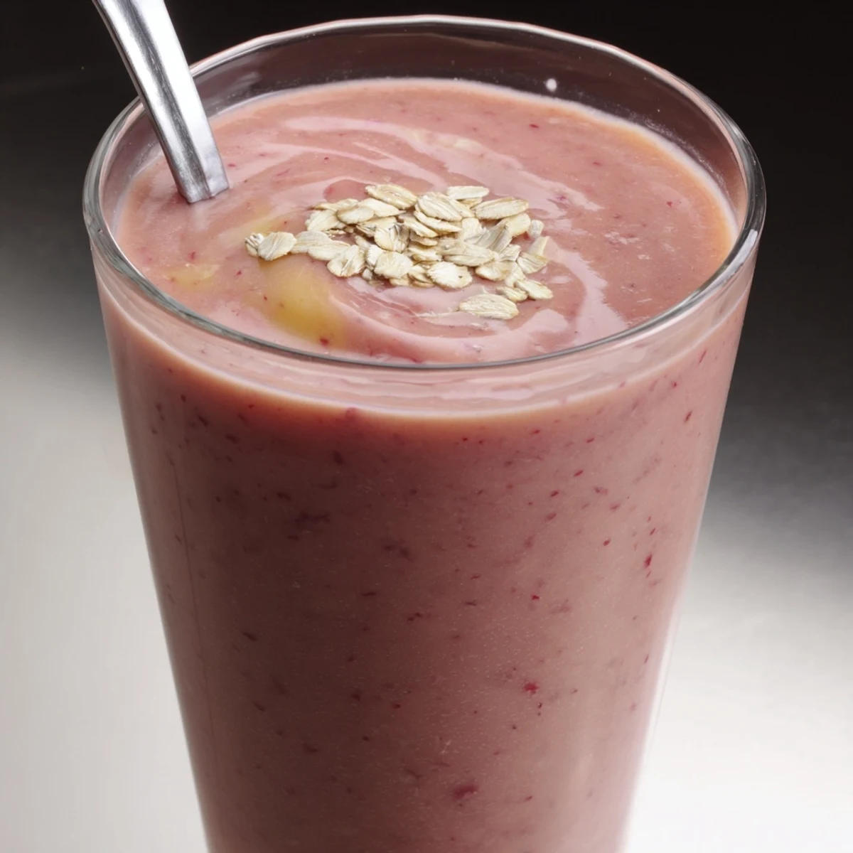 Golden peach and red raspberry oat smoothie garnished with oats and berries for a healthy snack