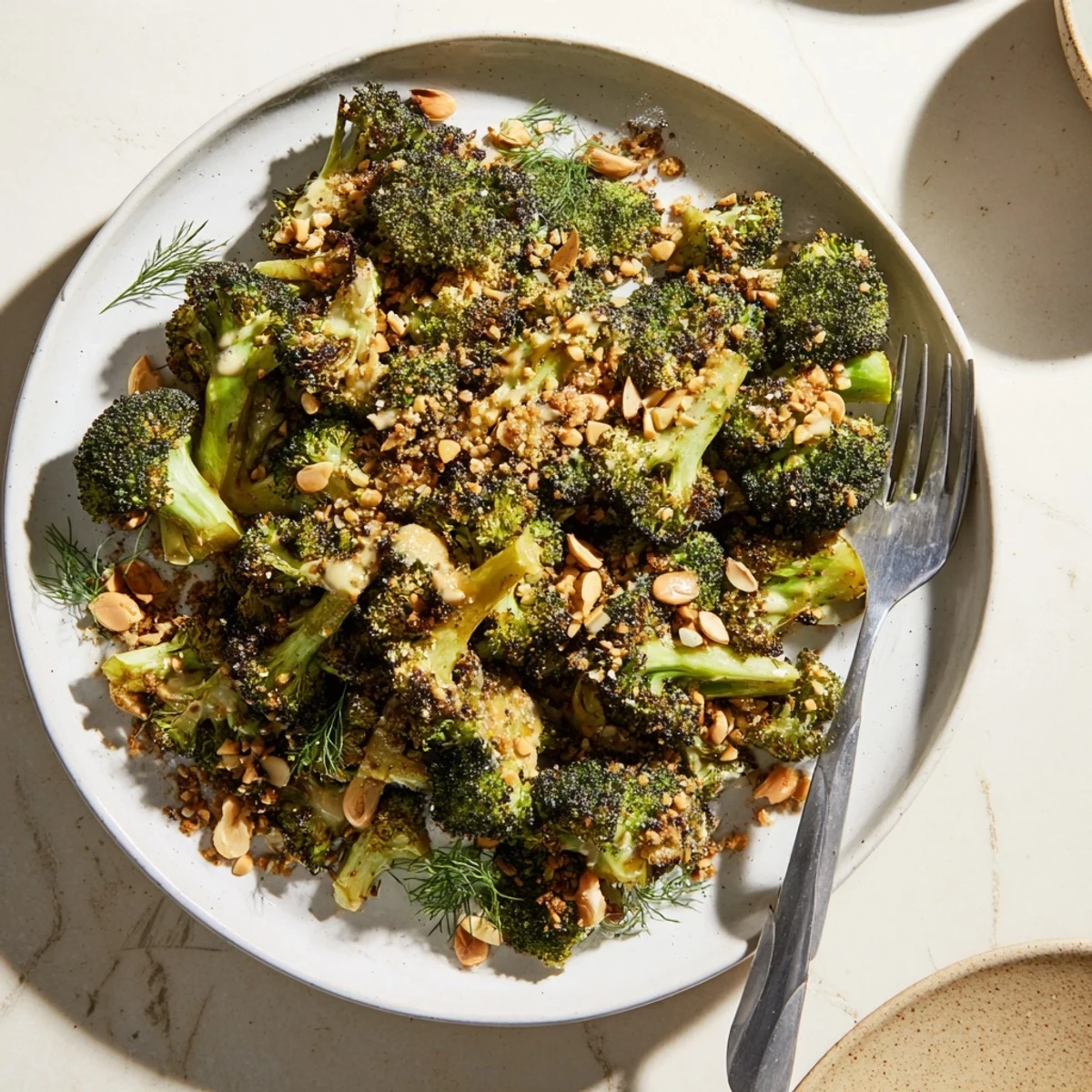 Golden oven-roasted broccoli florets drizzled with creamy lemon tahini sauce and crunchy almond sesame topping.