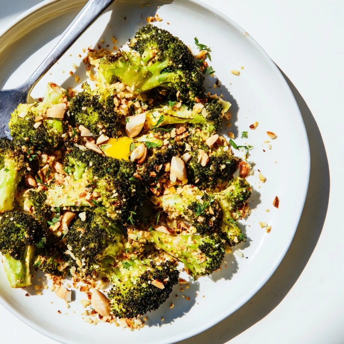 Close-up of crispy roasted broccoli bites coated in tangy tahini sauce and topped with buttery panko crumbs.