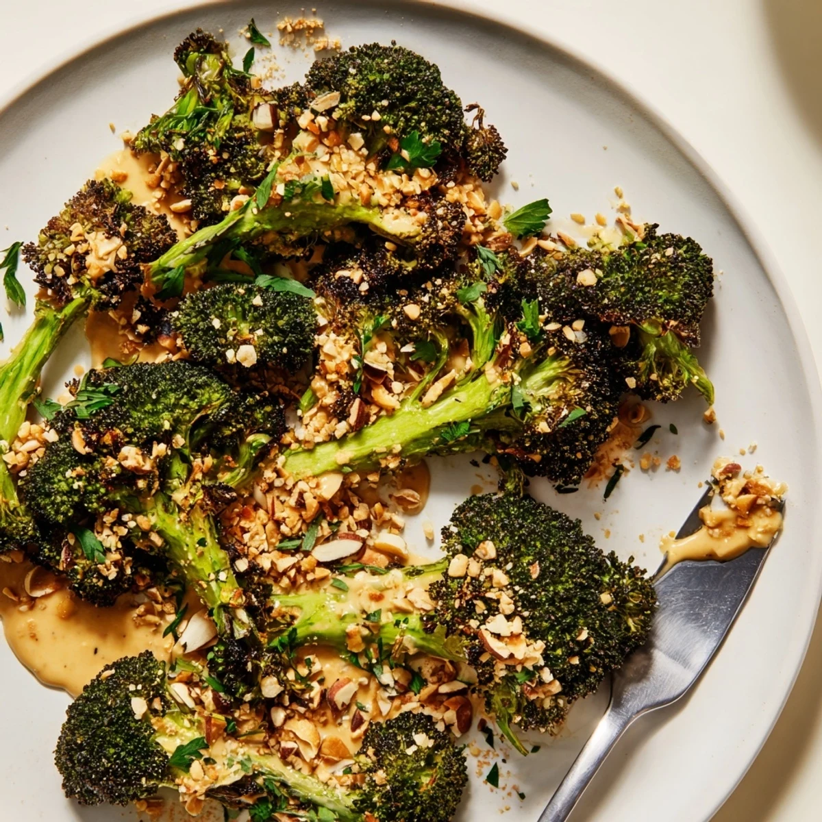 Roasted broccoli with lemon tahini crunch served on a white platter garnished with fresh parsley and zest.