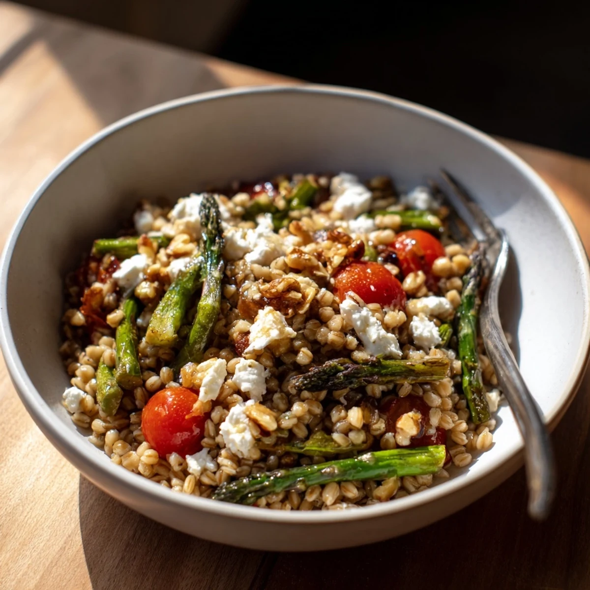 Golden bowl of warm barley salad topped with roasted asparagus and cherry tomatoes.