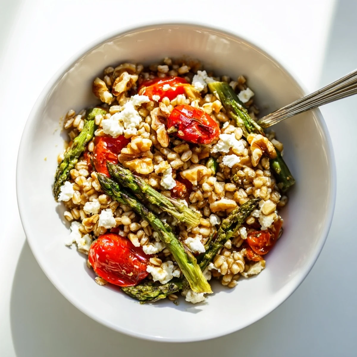 Hearty barley and roasted asparagus salad drizzled with lemon vinaigrette and toasted walnuts.