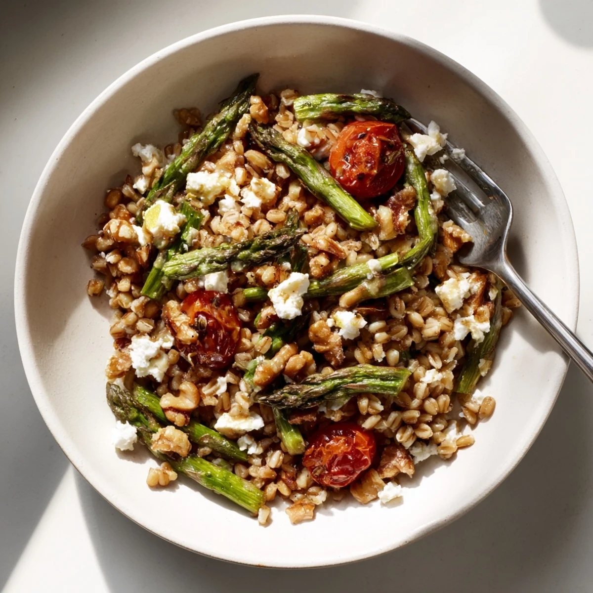 Vibrant salad featuring nutty barley, sweet roasted asparagus, and fresh arugula on a rustic platter.