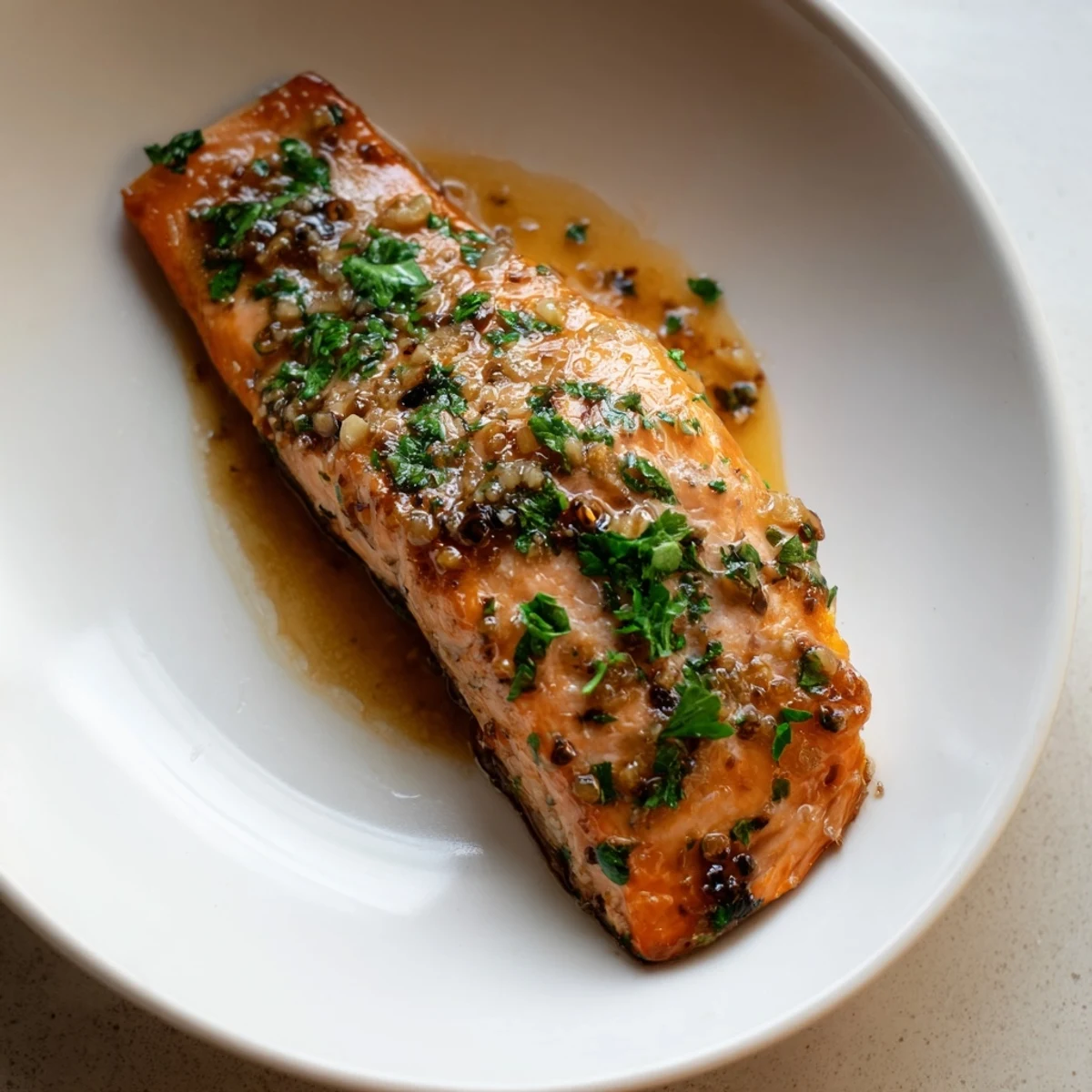 Flaky honey garlic glazed salmon fillets in a skillet garnished with parsley