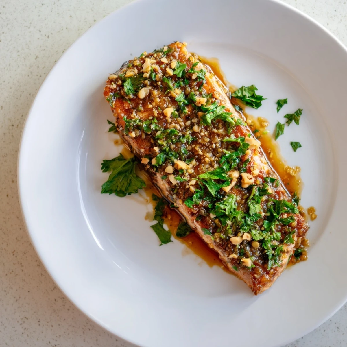 Golden pan-seared honey garlic glazed salmon skillet with sticky rich sauce