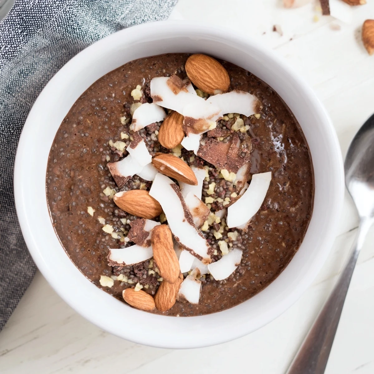 Sliced almonds and shredded coconut top a rich Cocoa Almond Coconut Chia Cream.