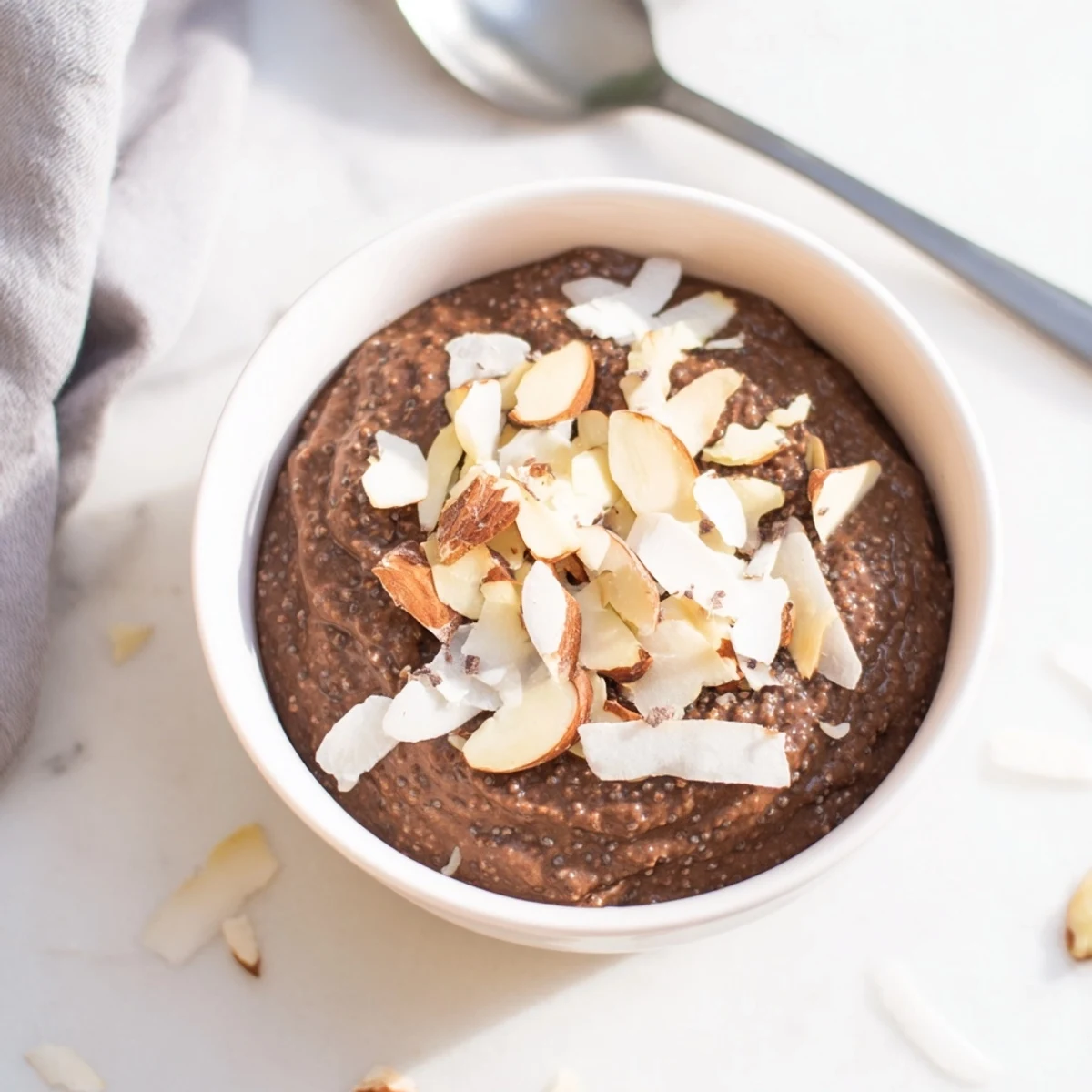 Dark chocolate shavings garnish this creamy Cocoa Almond Coconut Chia Cream dessert.