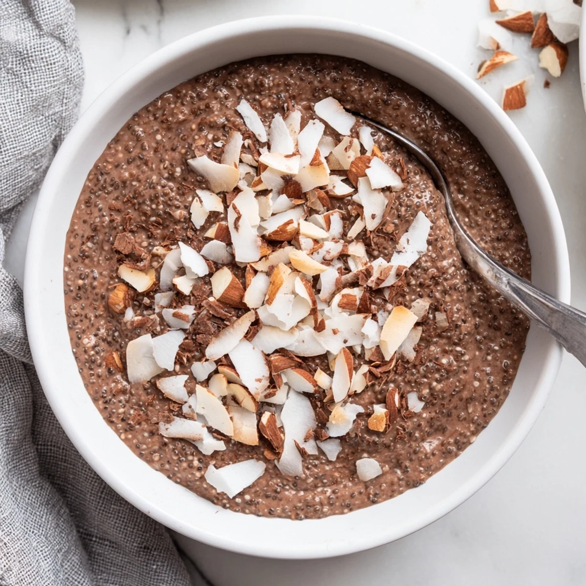 A chilled glass bowl filled with thick Cocoa Almond Coconut Chia Cream pudding.