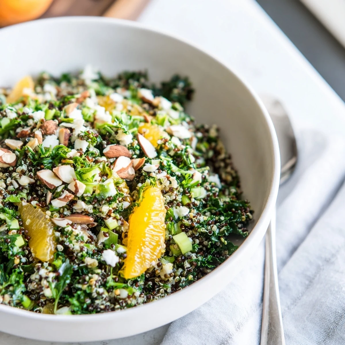 Healthy quinoa and kale salad mixed with fresh herbs, citrus, and toasted almonds.