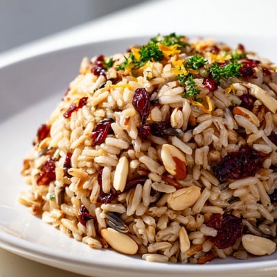 Colorful serving of Cranberry Studded Wild Rice Citrus Pilaf with bright orange zest and fresh herbs.