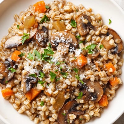 A hearty vegetarian dinner featuring nutty barley and savory mushrooms in a creamy risotto.
