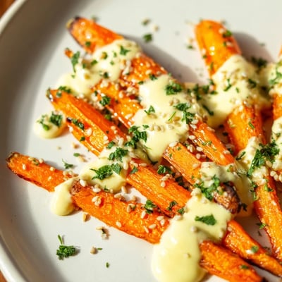 A close-up of warm Lemon Tahini Roasted Carrots shows tender, orange roots coated in tangy tahini dressing, sprinkled with green herbs and sesame on a white platter.