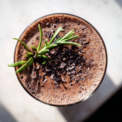 Two glasses of avocado rosemary cacao smoothie beside fresh avocado and rosemary on a marble counter.