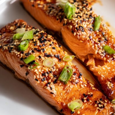 Golden-brown Hearty Maple Soy Salmon with caramelized edges served alongside fluffy white rice and sautéed greens for a nourishing dinner.