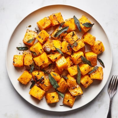 Roasted butternut squash with sage butter served beside a juicy holiday roast chicken.