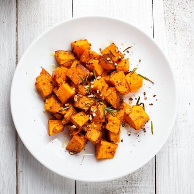 Golden Garlic Rosemary Roasted Sweet potatoes on a baking sheet, fresh from the oven and ready to serve.