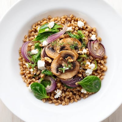 Golden roasted mushrooms and nutty farro tossed in a zesty lemon-herb vinaigrette, topped with walnuts.
