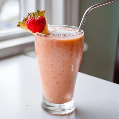 Bright pink strawberry pineapple coconut smoothie topped with shredded coconut and a striped straw