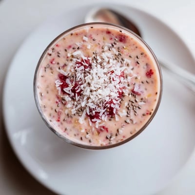Aromatic Cherry Mango Coconut Smoothie poured into glasses, ideal quick breakfast