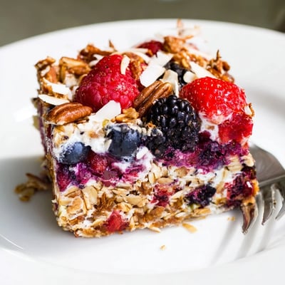 Sliced Vanilla Berry Coconut Bake, served warm with tangy Greek yogurt.