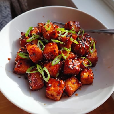 Sizzling skillet of sticky-sweet sauce coating Crispy Chili Maple Tofu Bites
