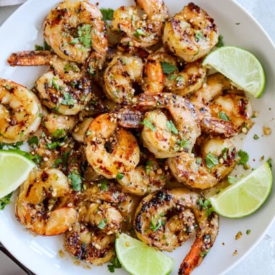 Pan seared Garlic Lime Grilled Shrimp Skillet served over fluffy rice, lime wedge